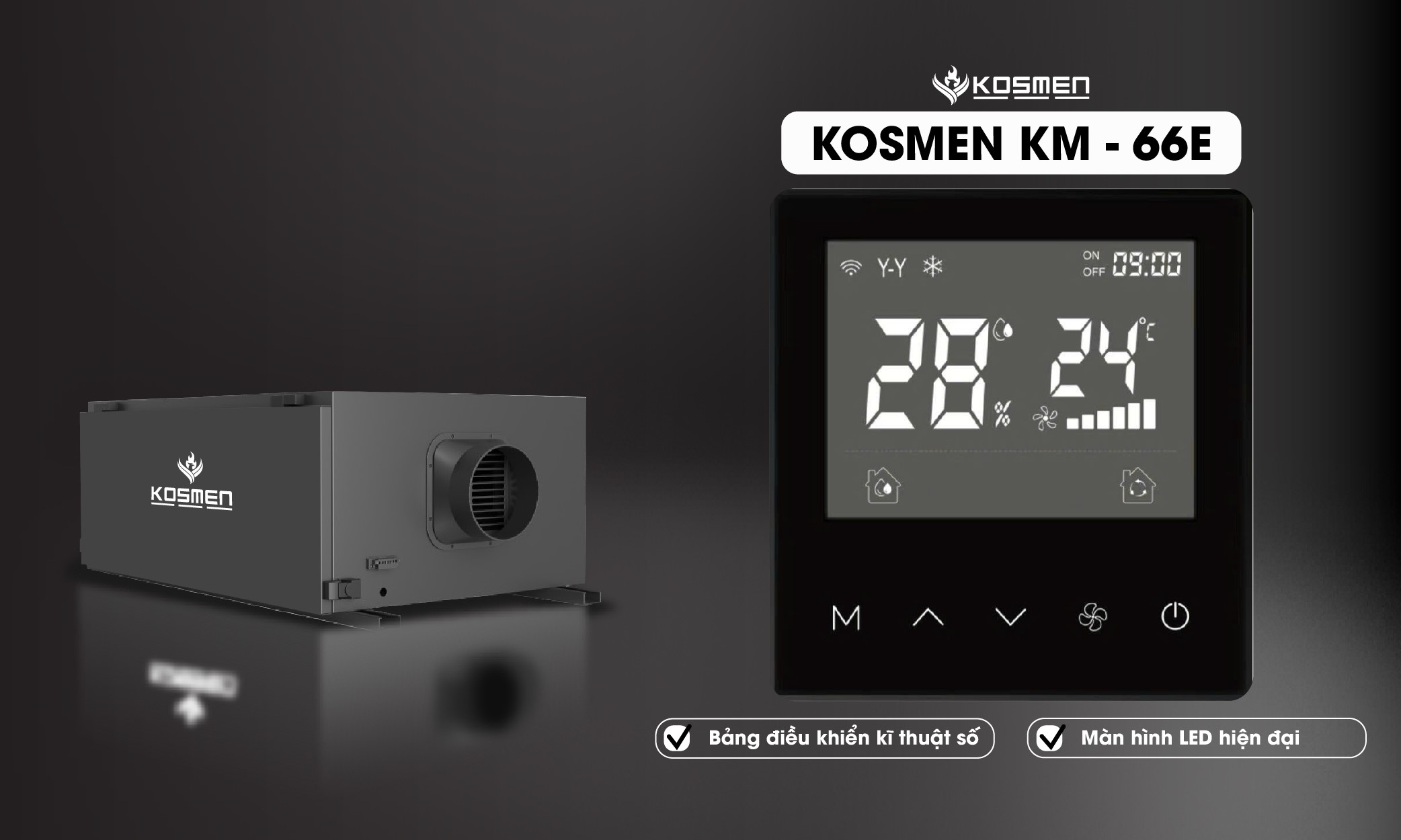 Bảng điều khiển cảm ứng của máy hút ẩm treo trần Kosmen KM-66E