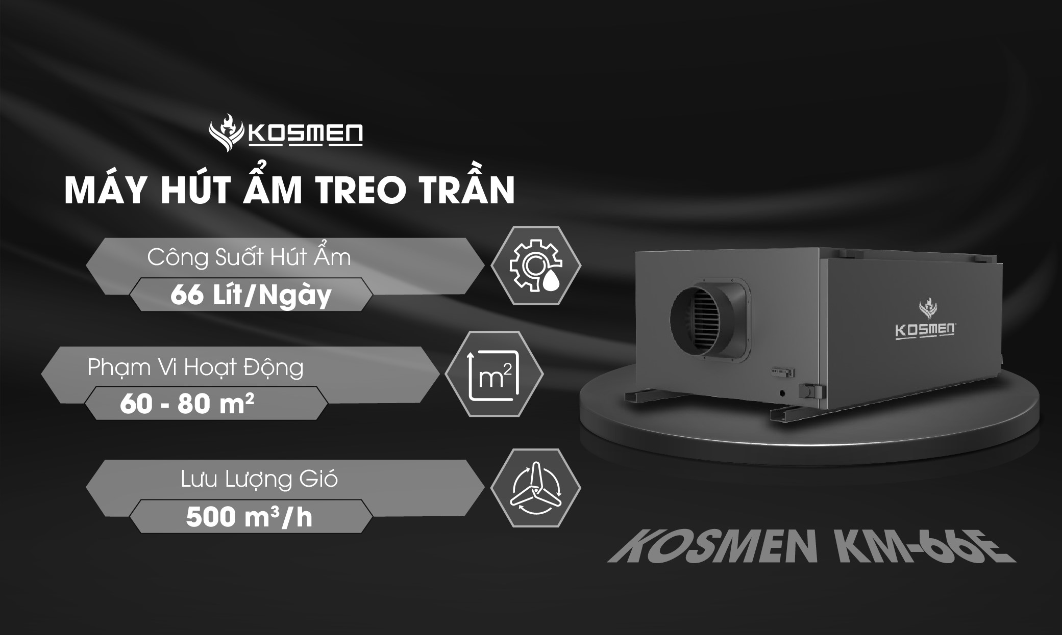 Máy hút ẩm công nghiệp âm trần Kosmen KM-66E có công suất mạnh mẽ 66 lít/ngày