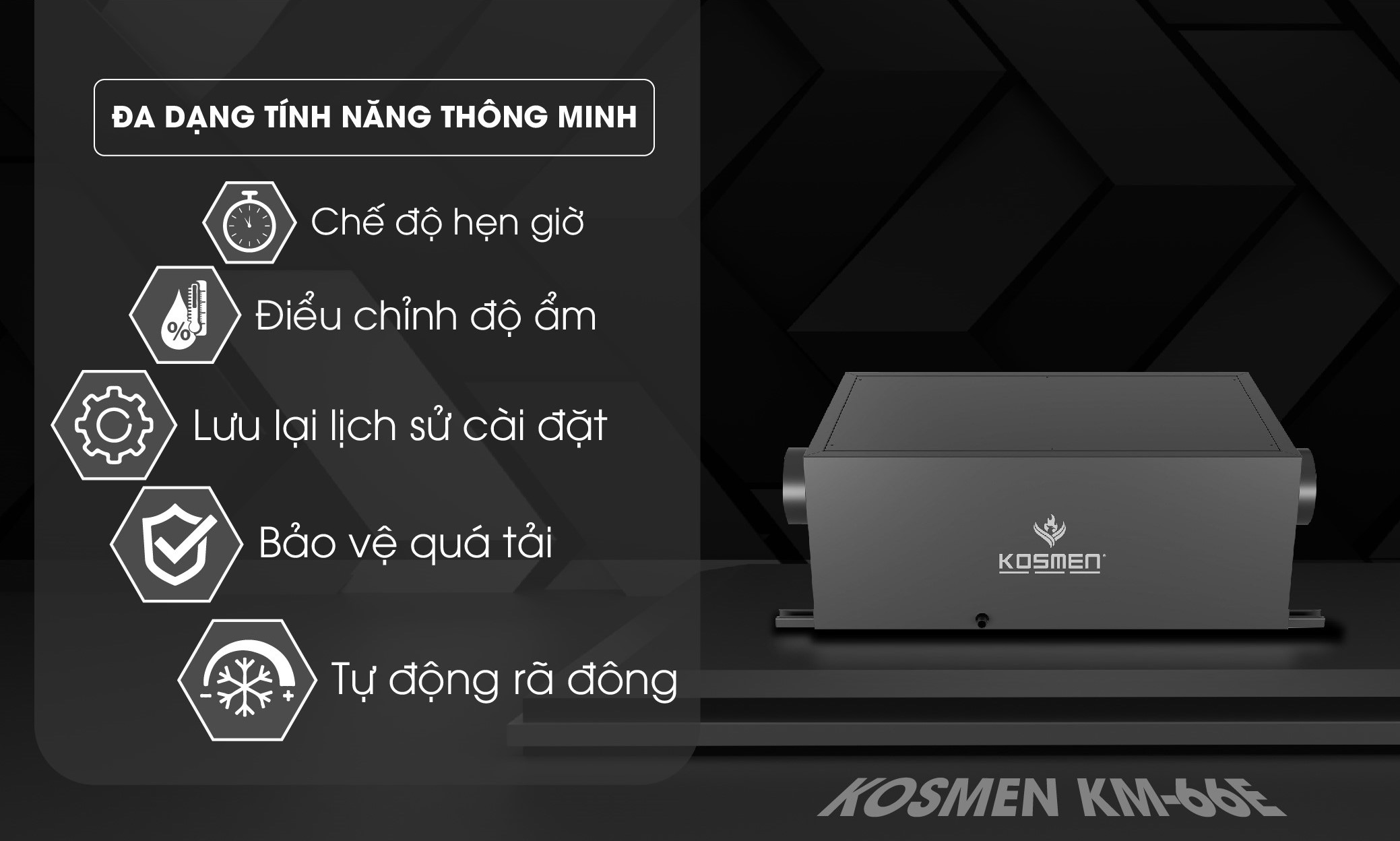 Máy hút ẩm treo trần Kosmen KM-66E tích hợp nhiều tính năng tiện ích